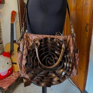 Brown Rose Snakeskin Handbag Purse